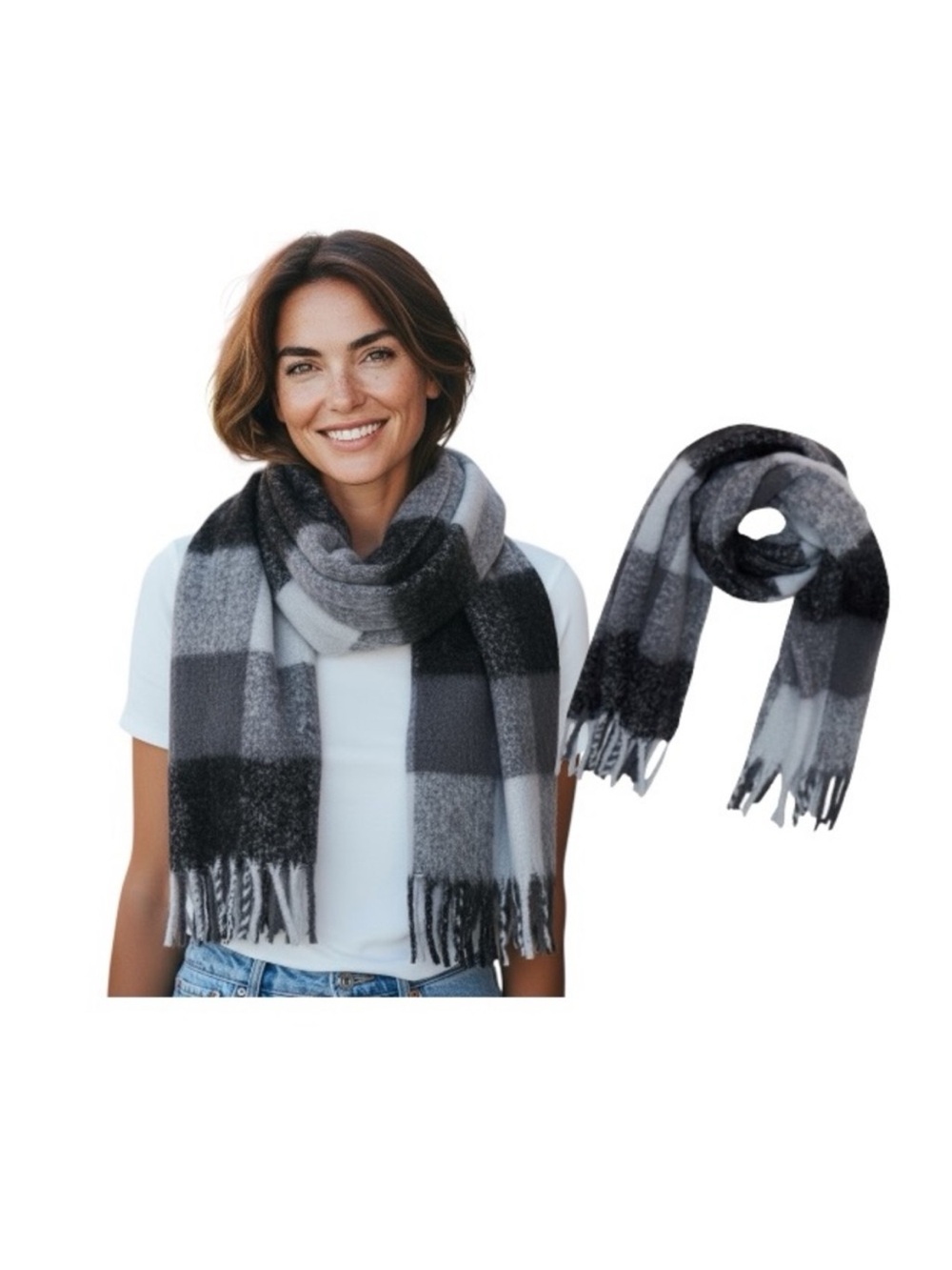 Time And Tru Brushed Black Plaid Scarf